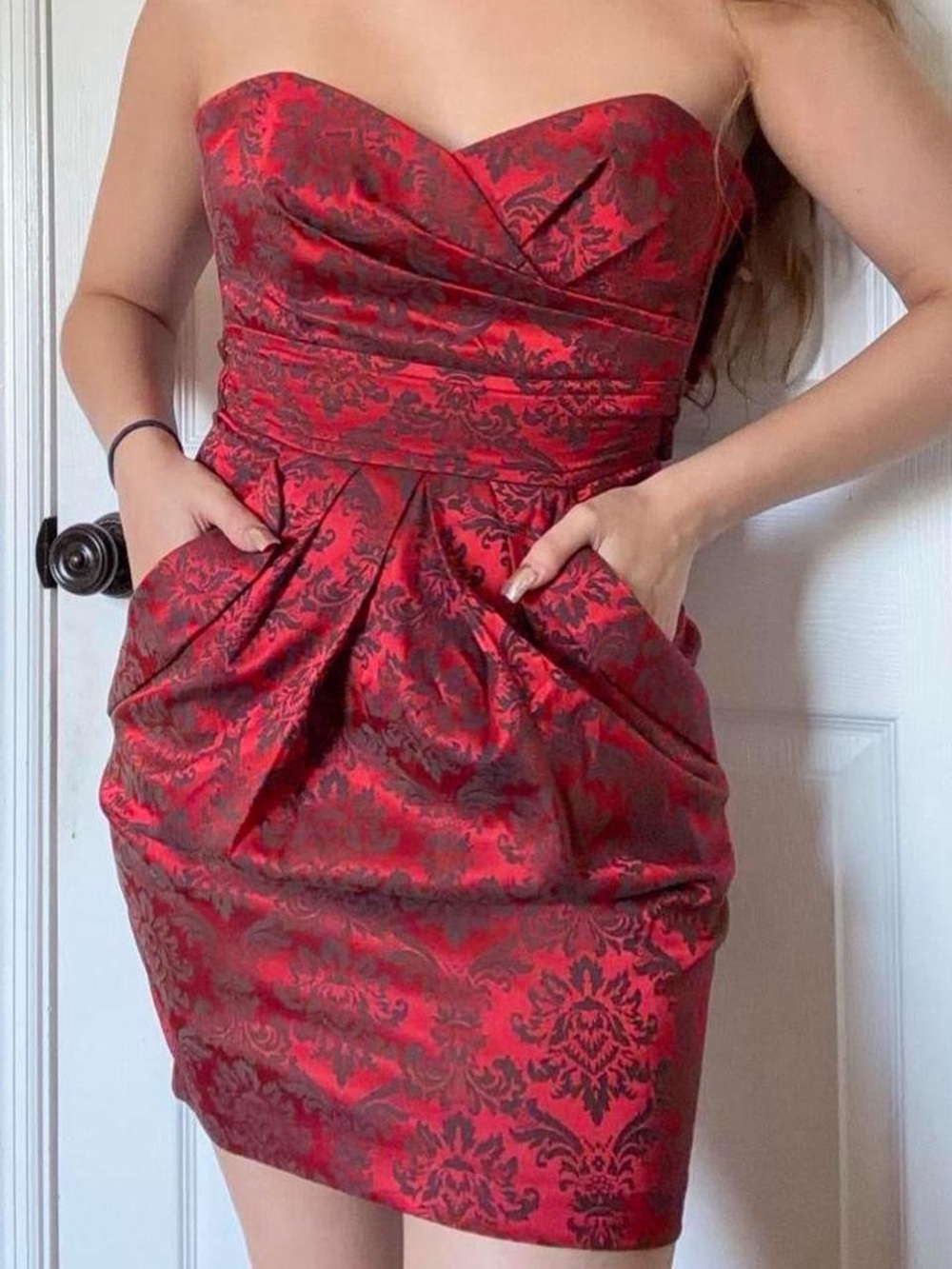 Strapless Red Jacquard Cocktail Dress